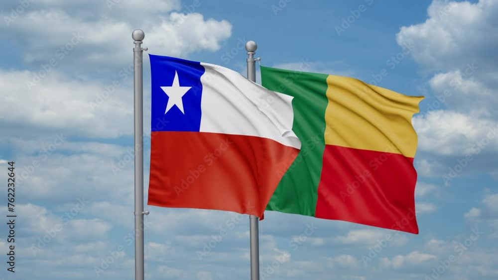 Chile and Benin two flags waving together, looped video Chile and Benin two flags waving together, looped video