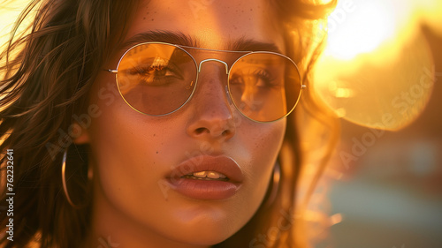 portrait of a beautifl woman at sunset in golden hour,ai photo