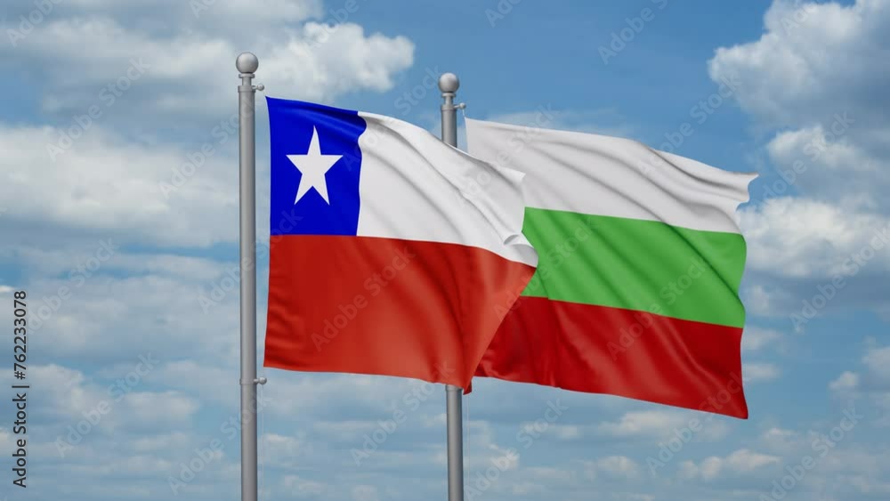 Bulgaria and Chile two flags waving together, looped video, two country relations concept Bulgaria and Chile two flags waving together, looped video, two country relations concept