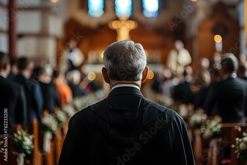Religious leader presides over congregation during somber ceremony. Concept Religious Ceremony, Somber Atmosphere, Spiritual Leader, Congregation, Religious Rituals