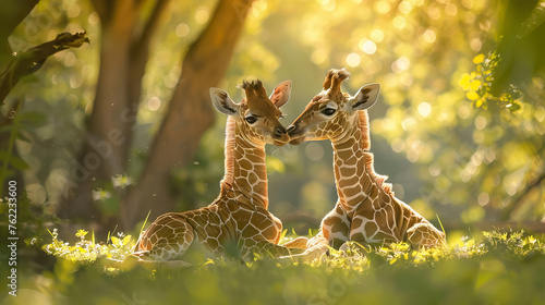 two Cute baby giraffes lying in a meadow. wildlife with nature background.