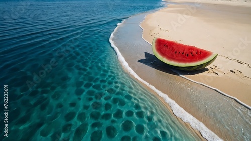 Sliced watermelon on the beach with footprints on the sand