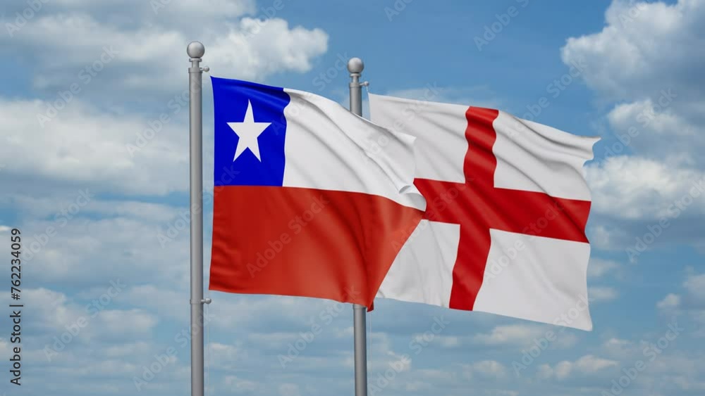 England and Chile two flags waving together, looped video, two country relations concept England and Chile two flags waving together, looped video, two country relations concept