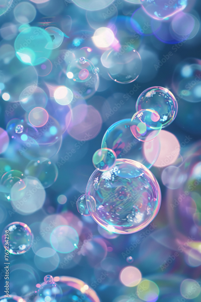 Mesmerizing display of iridescent bubbles floating amidst a colorful, bokeh background.