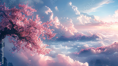 Cherry blossom tree amidst clouds, with mountains and a temple in the distance.