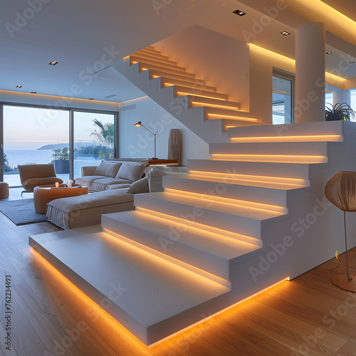 A modern living room with illuminated stairs, overlooking the sea photo
