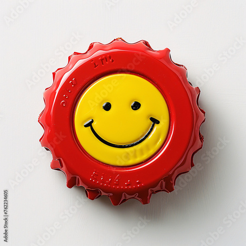 A red bottle cap with a yellow smiley face on a white background. photo