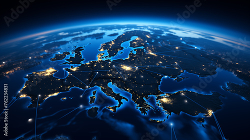 Night view of Europe with glowing network connections ai generated photo-realistic