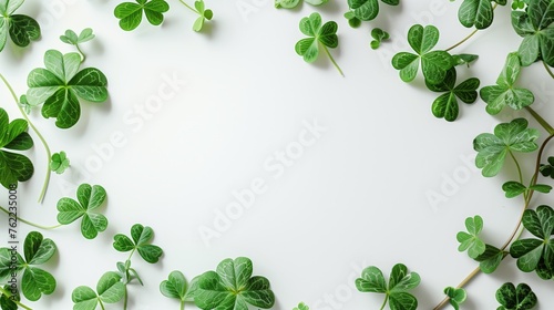 Card template with empty space for St. Patrick's Day with green four and clover on white background, party invitation design. 