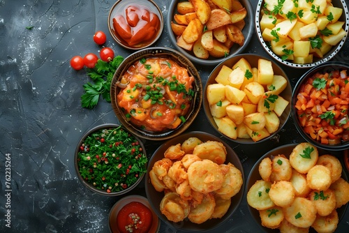 Flat lay of assorted fried potato dishes on rustic background. Concept Food Styling, Photography, Comfort Food, Rustic Decor, Assorted Potatoes