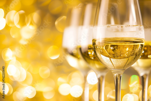Vibrant images capturing the elegance of various white wine varieties, inviting enthusiasts to celebrate National White Wine Day. Sophisticated and celebratory, using soft white and gold tones. photo