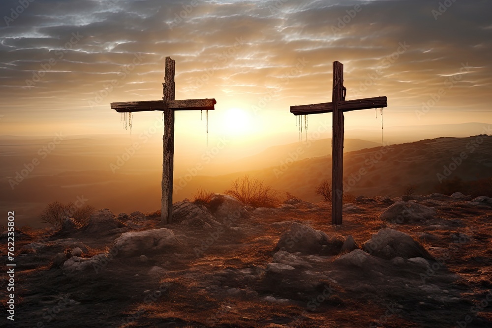 Crucifixion Of Jesus Christ At Sunrise - Three Crosses On Hill - generative ai - obrazy, fototapety, plakaty 
