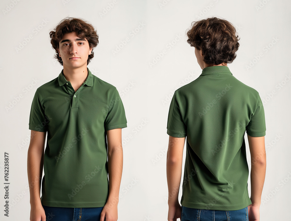 Front and back views of a man wearing a green polo shirt mockup template Front and back views of a man wearing a green polo shirt mockup template