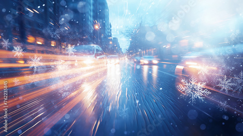 winter christmas background road in blur tracks from headlights and abstract snowflake shapes, copy space city street, highway in december illustration
