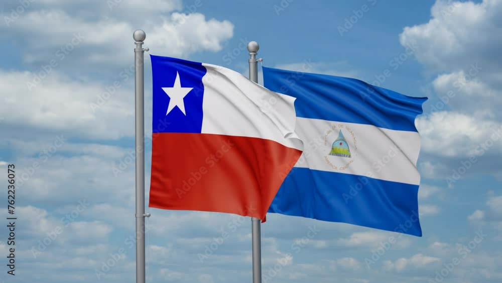 Nicaragua and Chile two flags waving together, looped video, two country relations concept Nicaragua and Chile two flags waving together, looped video, two country relations concept
