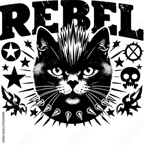Rebel Cat Character. Grunge Punk Print, Retro Illustration