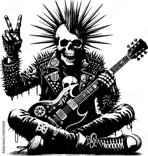 Rebel  Character with Guitar and Mohawk. Grunge Punk Print, Retro Illustration