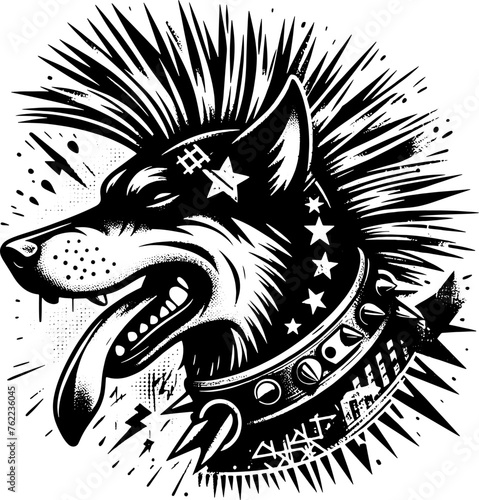 Rebel Dog Character with Mohawk. Grunge Punk Print, Retro Illustration