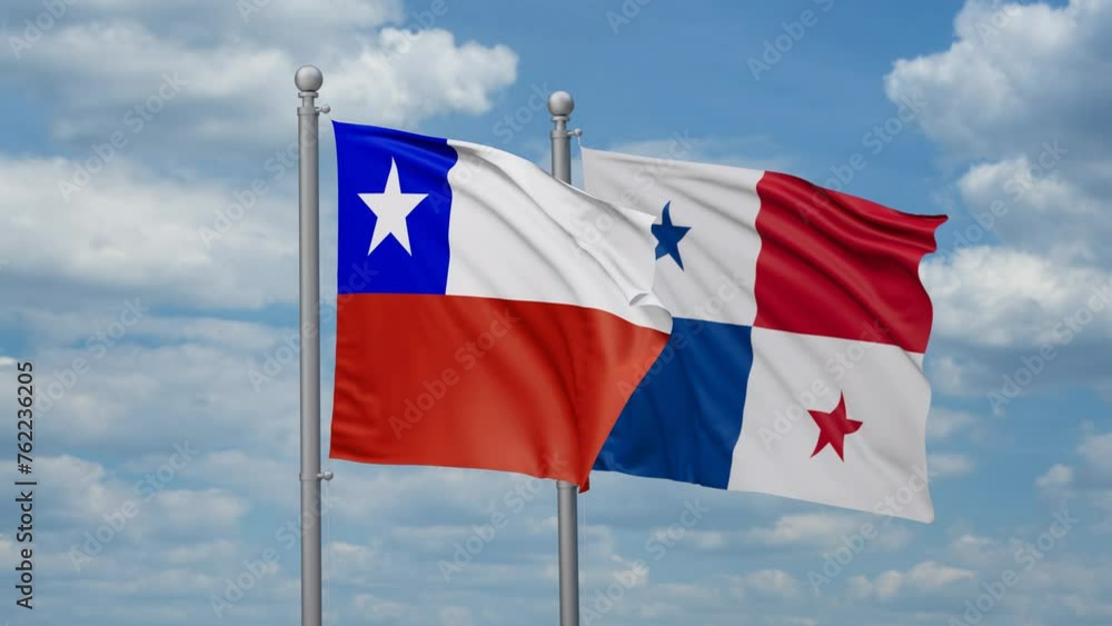 Panama and Chile two flags waving together, looped video, two country relations concept Panama and Chile two flags waving together, looped video, two country relations concept