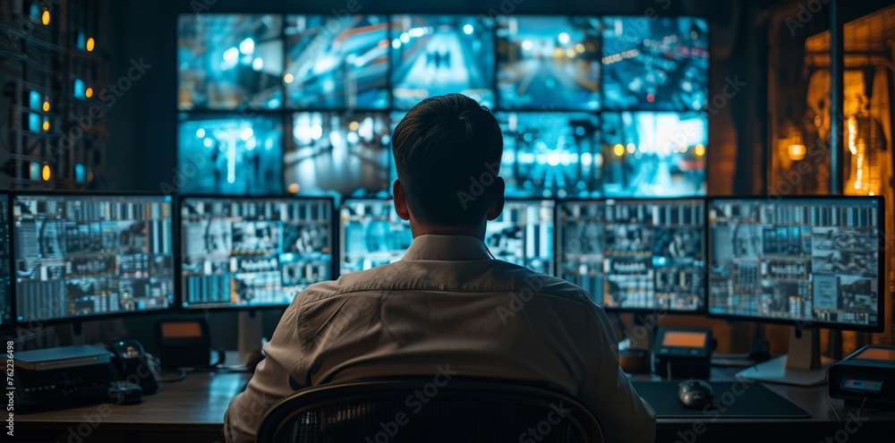 Professional workspace with a person at desk in front of computer screen and multiple screens on it Professional workspace with a person at desk in front of computer screen and multiple screens on it