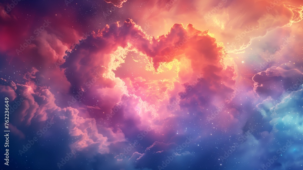 3D Abstract Colorful Clouds Heart on Dramatic Sky. Valentine's Day Background with an Astronomical Nebula Sky, Perfect for Valentine's Day, Mother's Day, Women's Day, and Earth Day