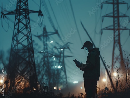 A person uses a smartphone at twilight with towering power lines in the background, symbolizing the intersection of technology and industry.