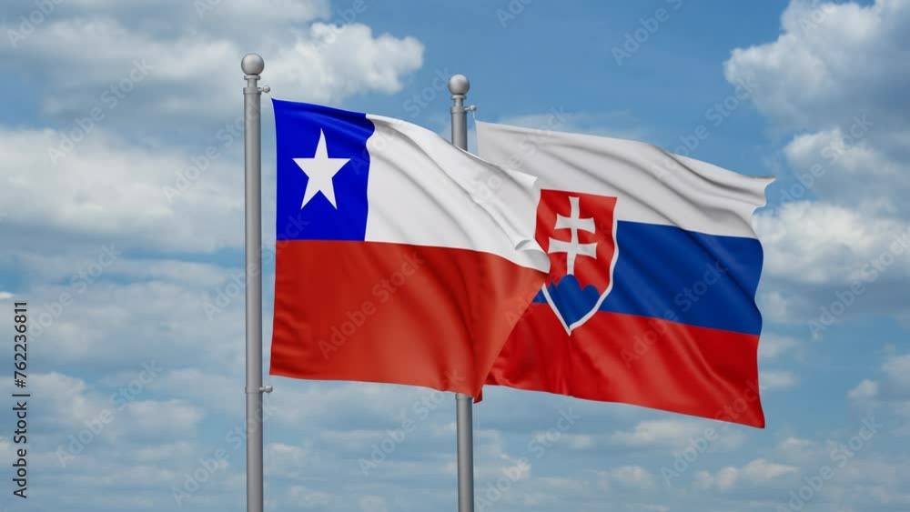 Slovak Republic or Slovakia and Chile two flags waving together, looped video, two country cooperation concept Slovak Republic or Slovakia and Chile two flags waving together, looped video, two country cooperation concept