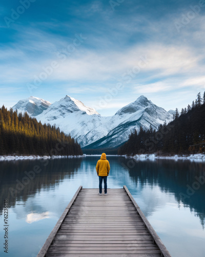 Person in yellow jacket admiring serene lake surrounded by snowy mountains.