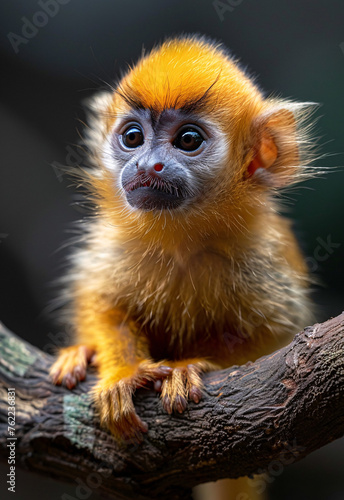 Golden monkey on a branch with a blurred face.