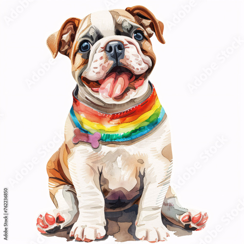 A playful bulldog puppy in a vibrant bandana sits with its tongue out, radiating joy. photo
