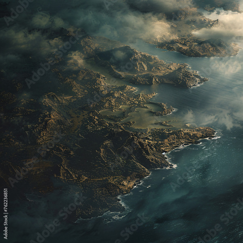 Aerial view of a rugged coastline, bathed in sunlight and surrounded by misty clouds © ChoopyChoop