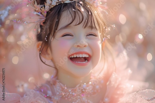 Happy little girl in pink dress laughing and wearing tiara on head in playful and joyful moment captured on camera