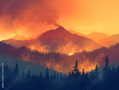 The view of the mountain is obscured by a large wildfire, with smoke spreading across the sky. pm 2.5 smog vector illustration. Environment and air pollution concept background, Global Boiling.