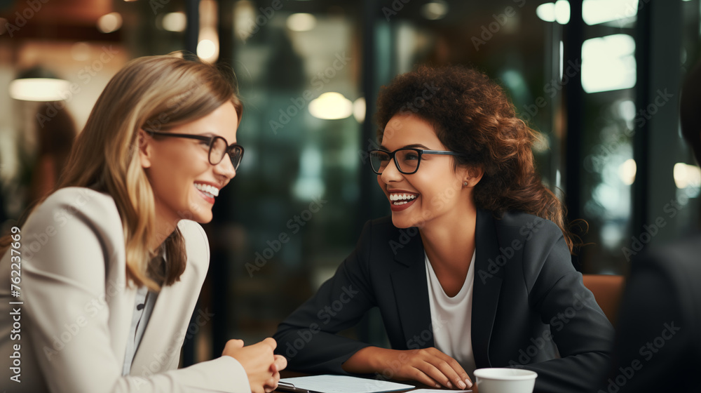 Smiling female colleagues discuss work with enthusiasm ai generated photo-realistic image