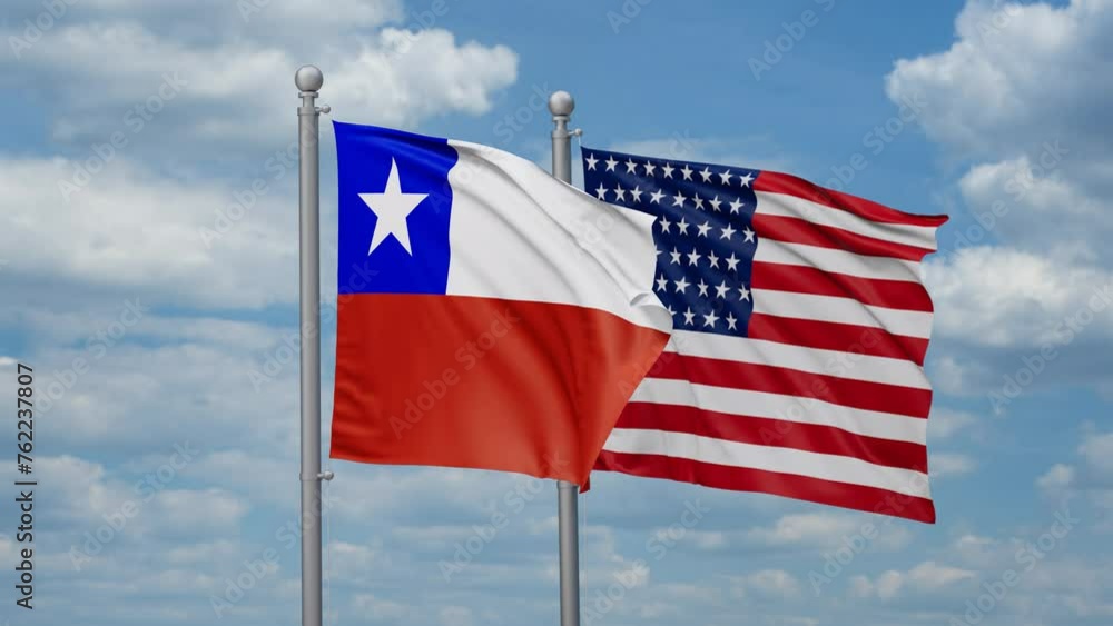 USA and Chile two flags waving together, looped video, two country cooperation concept USA and Chile two flags waving together, looped video, two country cooperation concept