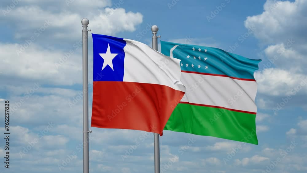 Republic of Uzbekistan and Chile two flags waving together, looped video, two country cooperation concept Republic of Uzbekistan and Chile two flags waving together, looped video, two country cooperation concept