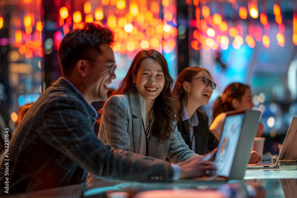 A group of people are sitting around a table with laptops open, smiling and laughing. The atmosphere is friendly and relaxed A group of people are sitting around a table with laptops open, smiling and laughing. The atmosphere is friendly and relaxed