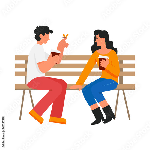 Couple drinking coffee on a bench. Outdoor romantic date, relaxing time cartoon vector illustration