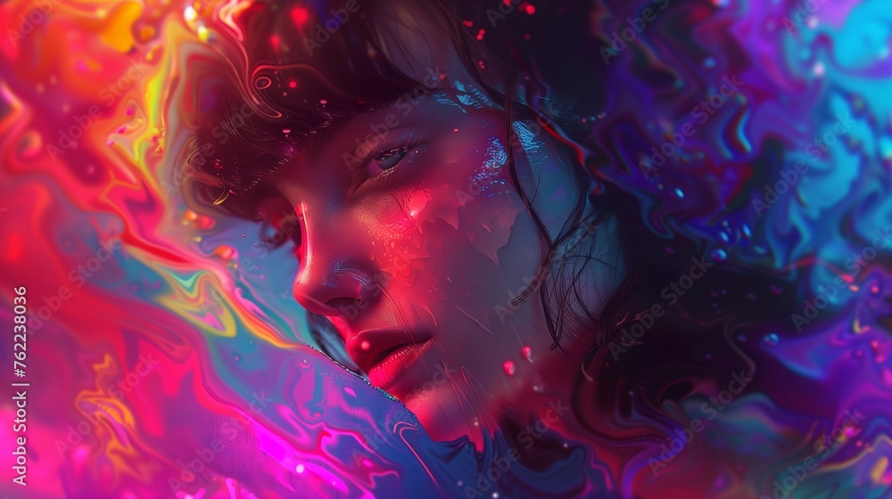 A girl against a background of surreal design using acid colors, psychedelic culture, will reflect overload with thoughts and digital technologies.