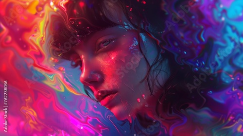 A girl against a background of surreal design using acid colors, psychedelic culture, will reflect overload with thoughts and digital technologies. © midart
