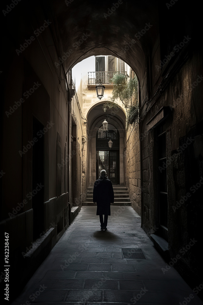 a person walking alone through a dim, atmospheric alleyway, surrounded by old, textured walls