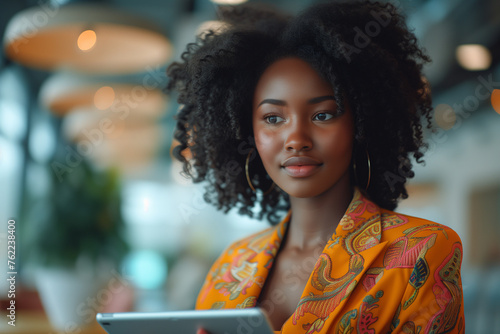 Confident Young Woman with Tablet in Modern Cafe. Confident young African woman holding a tablet in a chic and modern cafe setting.