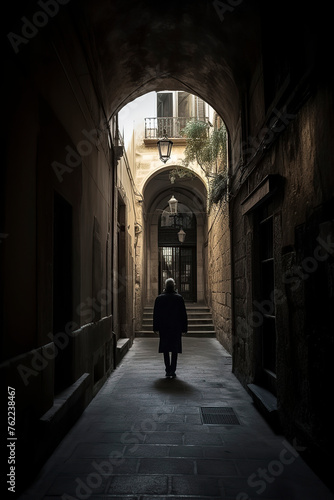 a person walking alone through a dim, atmospheric alleyway, surrounded by old, textured walls © larrui