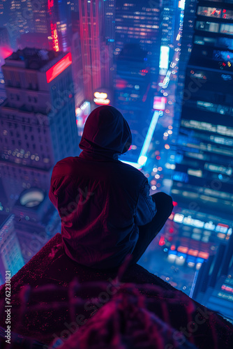 A cool looking person sitting on a roof top, overseeing the city
