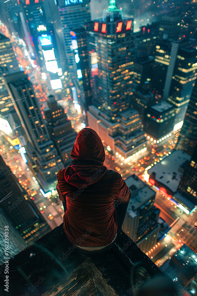 A cool looking person sitting on a roof top, overseeing the city