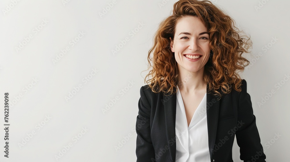 photograph of Successful businesswoman looks confident and smiling on white background photograph of Successful businesswoman looks confident and smiling on white background