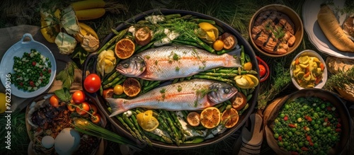 Grilled fish on a plate decorated with herbs and vegetables on the table