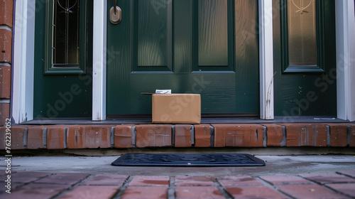 Caja de cartón en la puerta de una vivienda. Entrega a domicilio