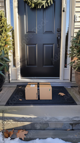 Caja de cartón en la puerta de una vivienda. Entrega a domicilio