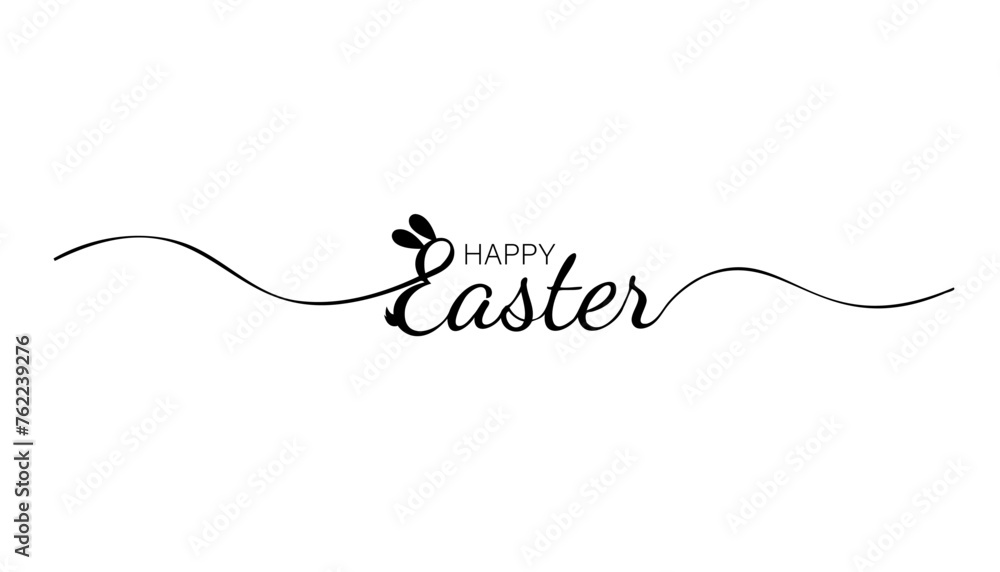Isolated lettering written in calligraphy Happy Easter. Black text with bunny ears and tail on a white background. Wavy ribbons on the sides of the text. Element for design of banner, poster on web - obrazy, fototapety, plakaty 